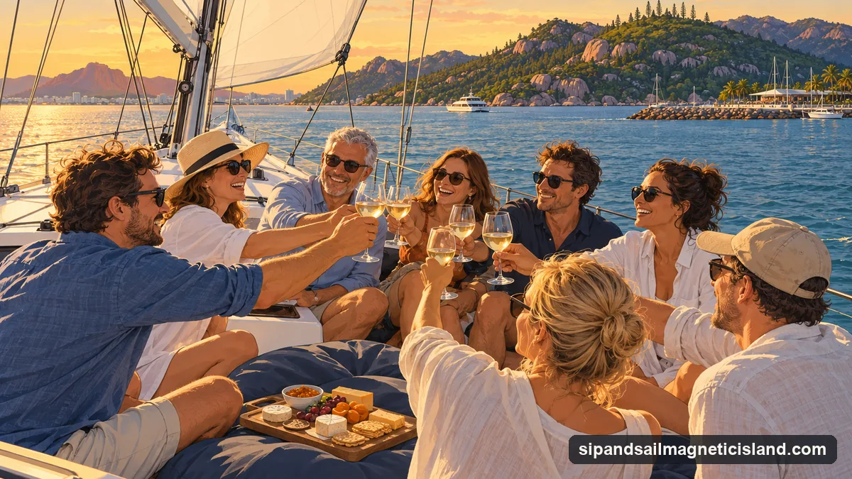 Illustration: a group of friends of mixed ages raising glasses together on the deck of a white sailing yacht on Cleveland Bay in the golden light of late afternoon, Magnetic Island's granite hills behind them