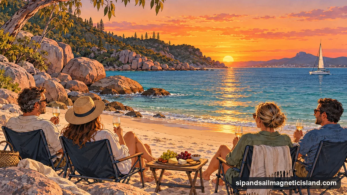 Illustration: a few adults sitting in plain beach chairs on a quiet sandy beach at West Point on Magnetic Island at sunset, a shared platter and drinks on a small table, the sun setting over calm water