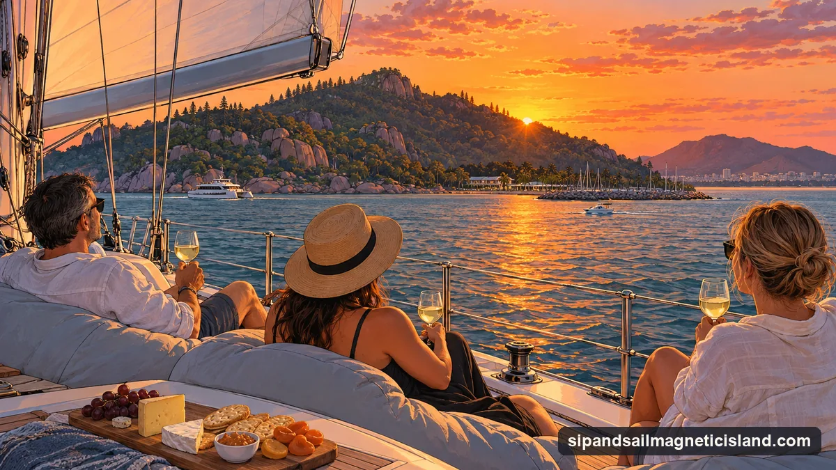 Illustration: adults with glasses of white wine on the deck of a sailing yacht on Cleveland Bay at sunset, the sun dropping behind the dark granite hills of Magnetic Island and the sky orange and pink