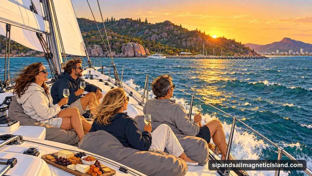 Illustration: adults in light jackets and long sleeves on the deck of a sailing yacht heeling in a fresh breeze on Cleveland Bay on a clear winter evening, the sky gold low over Magnetic Island's granite hills