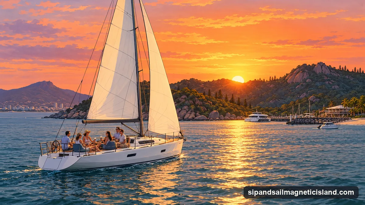 Illustration: a white 58-foot sailing yacht heeling gently under a full mainsail and jib on Cleveland Bay at sunset, a few adults with wine glasses on the deck, the granite hills of Magnetic Island dark behind them