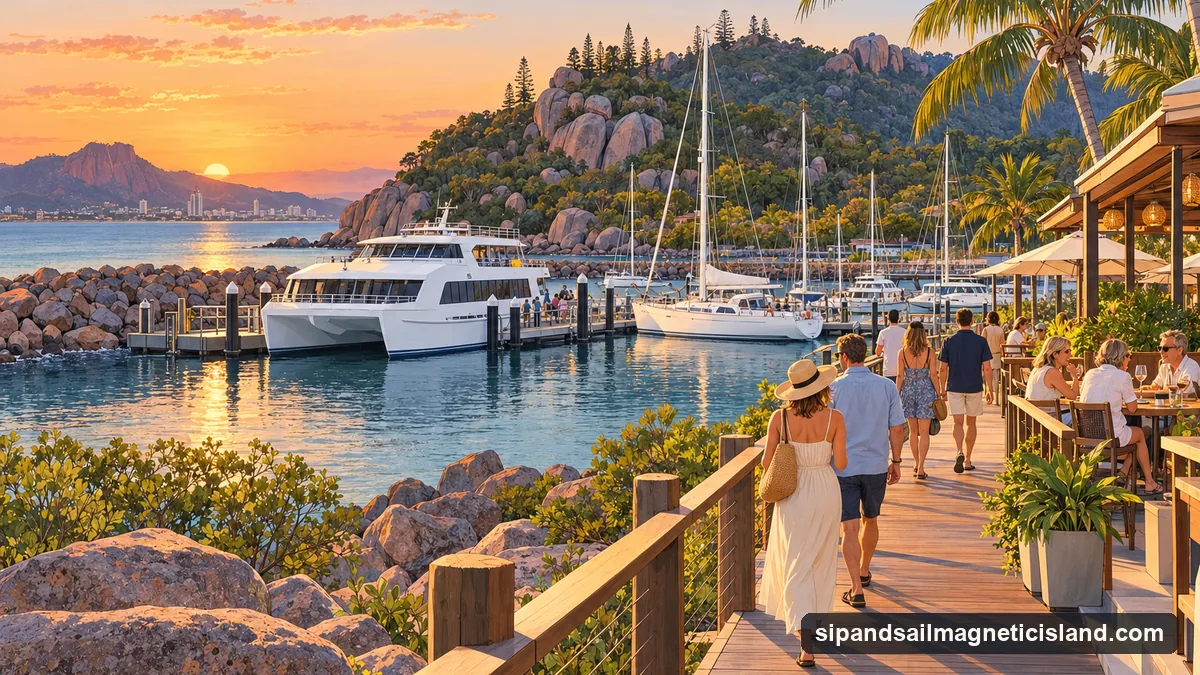 Illustration: a white passenger ferry catamaran arriving at the marina at Nelly Bay on Magnetic Island in warm late-afternoon light, adults in light summer clothes walking along the foreshore boardwalk toward a restaurant deck, sailing yachts moored behind